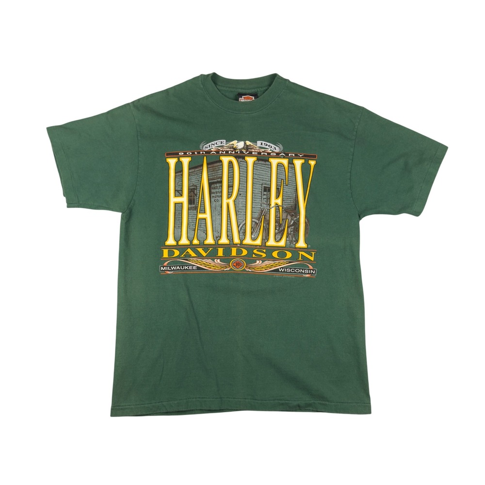 Vtg 90s Harley Davidson RK Stratman‎ Men's L Green Eagle Mid-Ohio USA Tee
